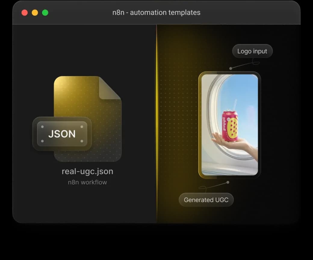 n8n automation templates — a JSON workflow turning a logo input into generated UGC